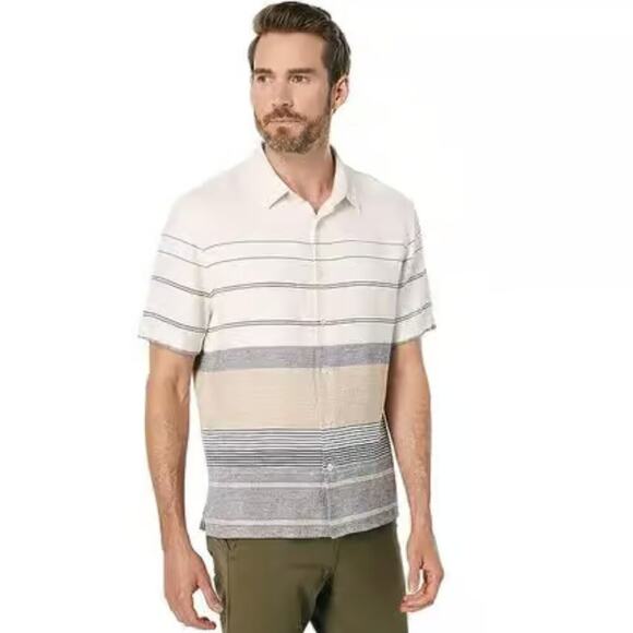 Vince Men's Engineered Stripe Short Sleeve Button Down Shirt White Linen Blend - Picture 1 of 7